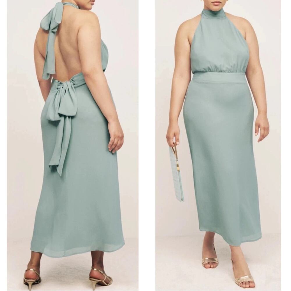 REFORMATION Lizbeth Halterneck Open Back Celadon Mint Green Midi Dress Size 12